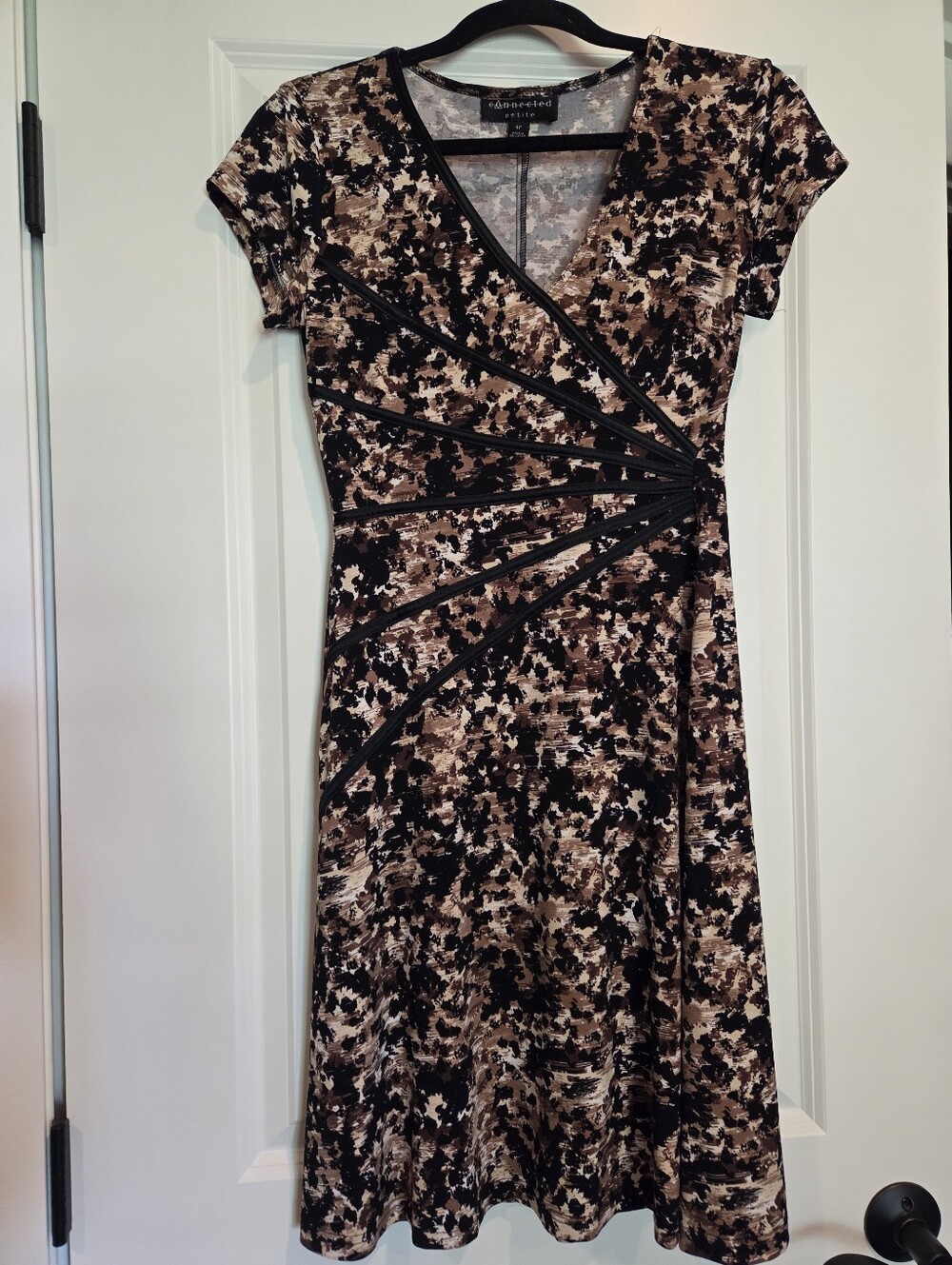 Connected apparel Brown & Black Abstract Print Faux-Wrap Mid Length Dress